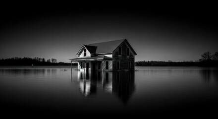 Fototapeta premium Monochrome House Submerged in Water A Study in Reflection and Isolation.