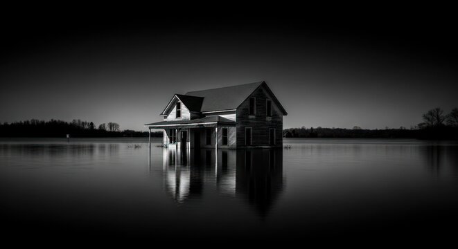 Monochrome House Submerged in Water A Study in Reflection and Isolation.