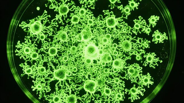 A petri dish containing green fluorescent microbial colonies on a solid growth medium