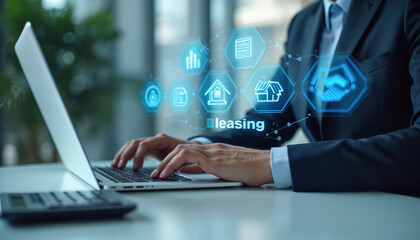 Naklejka premium Person in suit works on laptop with digital interface. Icons show house, document, chart, and handshake. Technology aids leasing, finance, and business deals online.