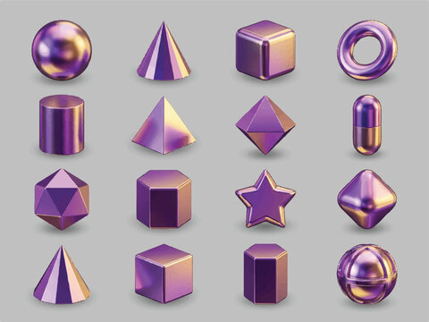 Purple metallic 3D geometric shapes set including spheres cones cubes and prisms on gray background  various shiny objects