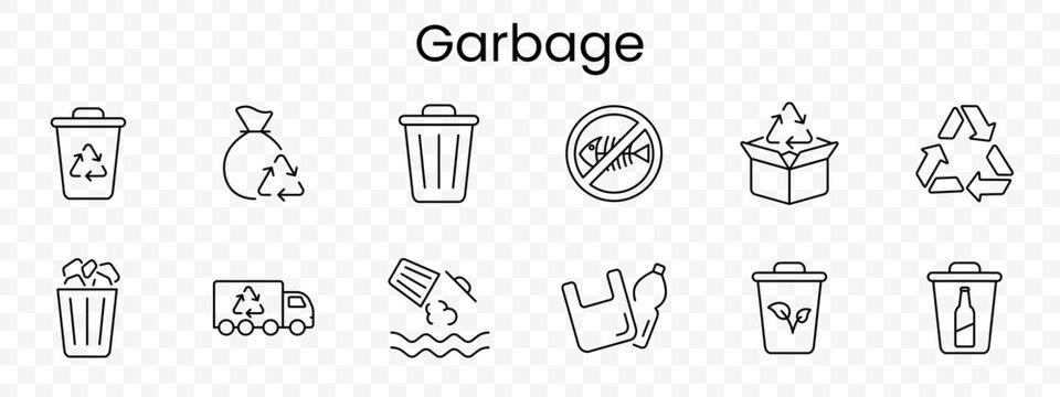 Garbage set icon. Outline waste management symbols, recycle bin, trash bag, trash can, no fish sign, recycle box, recycle arrows, waste basket, recycle truck, water pollution, plastic bag, eco bin