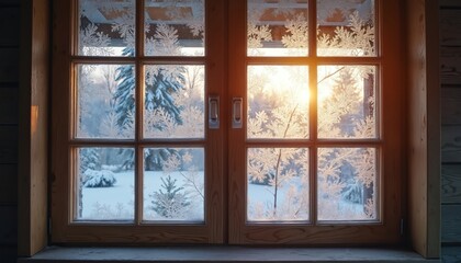 Fototapeta premium Frosted wooden window pane shows snowy forest at sunrise. Icicles and frost patterns on glass. Winter outside view, cold nature scene, sun light.