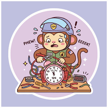 Monkey technician struggling to defuse a bomb.