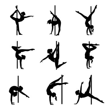 A set of nine silhouettes depicting people performing aerial pole dancing moves in various inverted and suspended positions.