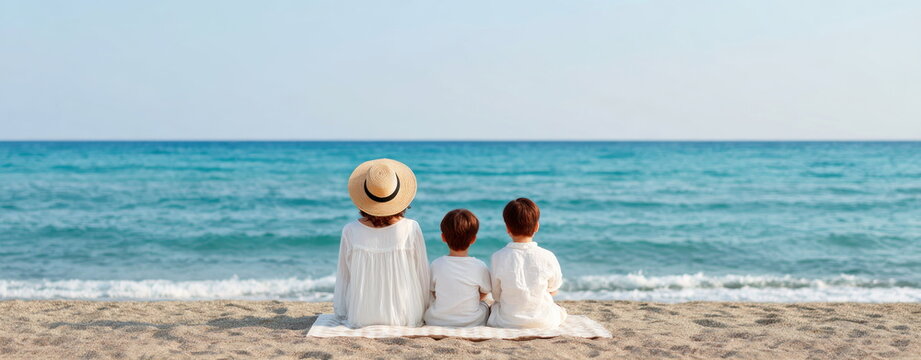 Mother with two sons sitting on beach looking at sea during summer vacation family bonding moment peaceful seaside lifestyle relaxation togetherness scene copy space