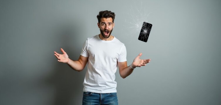 Man with beard shocked, phone falls from hand, screen breaks. Young guy looks frustrated, drops mobile device, glass cracks. Concept of accident tech loss, repair needs.
