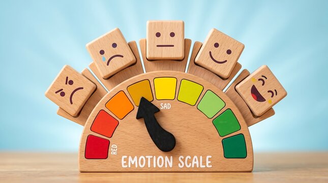 Wooden emotion scale measuring happiness anger sadness and neutral faces with colored indicators