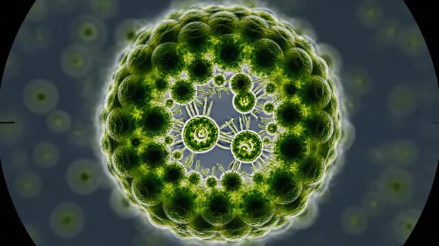 A glowing green spherical fractal with intricate patterns and small circles on a dark background