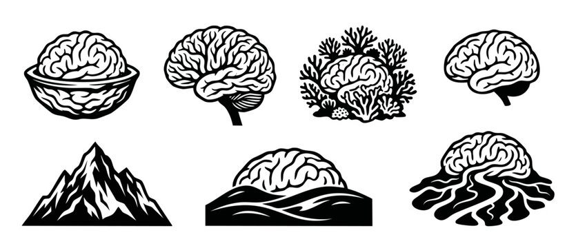 Human Brain Icon Set Black and White Vector Illustration of Creative Mind Concepts, Brainstorming, Intellectual Growth, Mental Wellness, Abstract Symbols for Business, Education, Psychology and Scienc