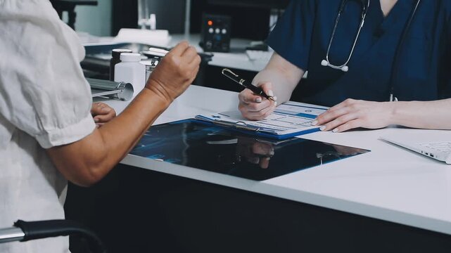 Positive female caregiver visit smiling senior disabled grandmother check heart rate, young woman doctor use statoscope do regular checkup of old lady patient at home, elderly healthcare concept