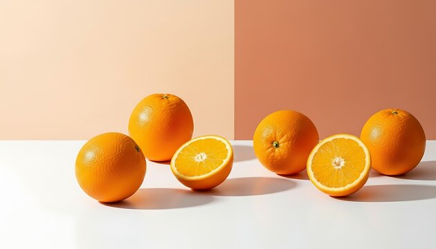 Beberapa jeruk utuh dan terbelah tergeletak di atas meja putih melambangkan keseimbangan nutrisi alami dan keindahan komposisi asimetris.