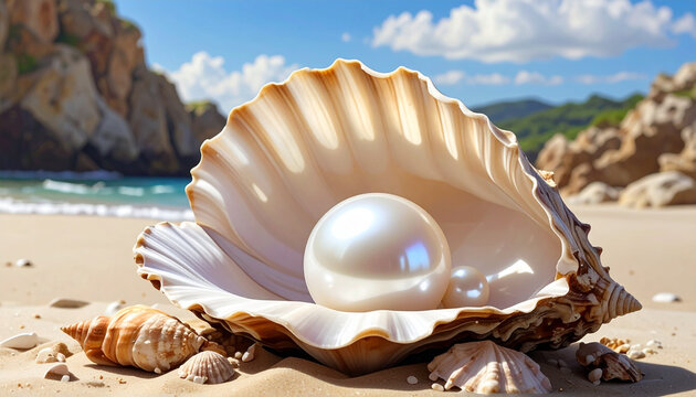Pearl in seashell on sandy beach