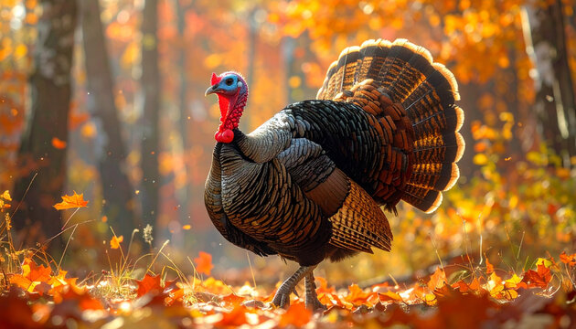 Wild turkey in autumnal forest
