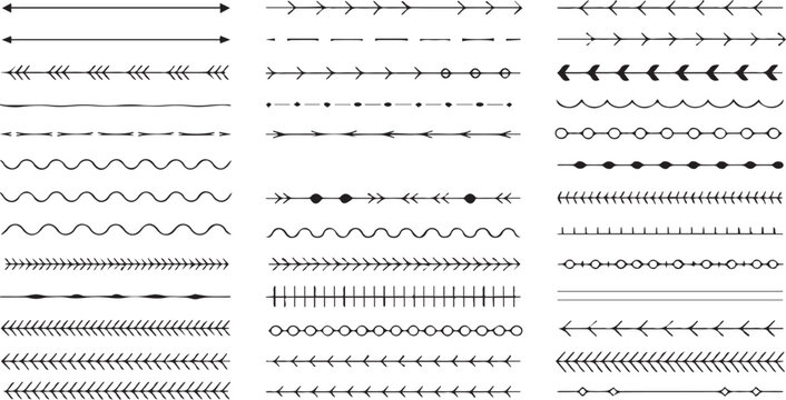 Collection of hand-drawn decorative dividers and horizontal line separators, featuring various geometric patterns, wavy lines, dots, arrows, and dashes isolated on a clean white background set