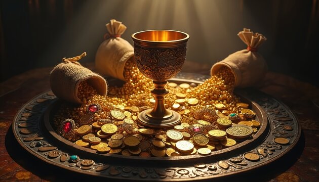 Ornate golden goblet rests on wooden table in overflowing sacks of coins and jewels. Shiny treasure hoard gleams under dramatic light. Riches and wealth concept art.