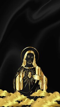 A premium vertical Christian background with an animated golden image of Jesus Christ and the Sacred Heart above the clouds on black silk, with a copy space for prayers, quotes, and Easter greetings.