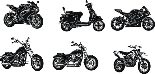 Collection of black motorcycle silhouettes featuring sport bike motor scooter chopper cruiser and dirt bike isolated on white background vector illustration set © MSTARJINAAKTHER