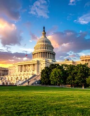 Fototapeta premium A majestic government building with a large lawn and trees