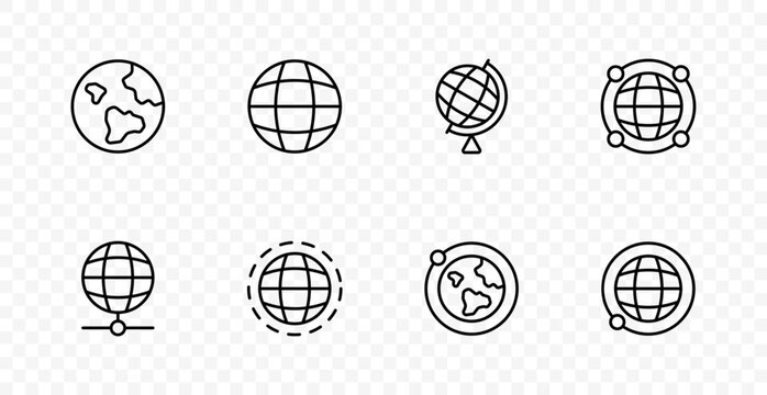 Global network set icon. Earth planet, globe grid, world connection, international communication, location point, orbit system, geography, global technology, internet