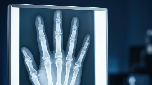 X ray scan medical hand x ray scan medical hand bone radiograph on lightbox in clinic setting showing finger phalanx and joint detail for diagnostic imaging and orthopedic evaluation