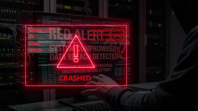 Hacker in hooded sweatshirt works on computer with red alert system compromised and data breach detected on screen