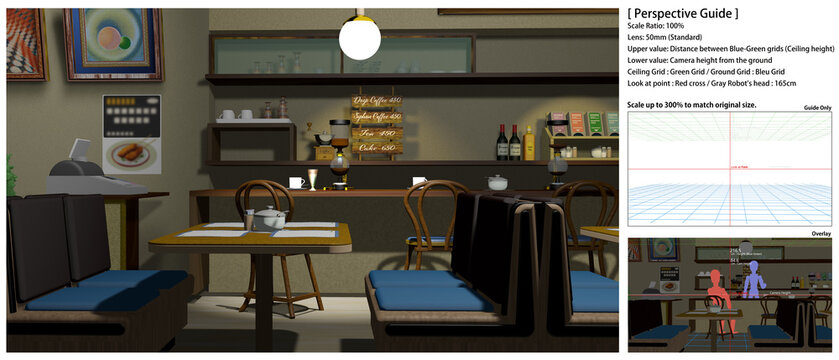 アニメの背景に使えるレトロな喫茶店
【パースガイドについて】
本作品は 3Dソフトを用いて数学的に正確なパースで制作しております。
昨今の生成 AI画像との識別の助けとなり、ご購入者様に安心してお使いいただけるよう、制作過程の証明（エビデンス）としてパースガイドを付属しております。
ガイド部を 3倍に拡大しますと、正規作品と同サイズになります。別レイヤーで重ね合わせてお使いいただくことができます。