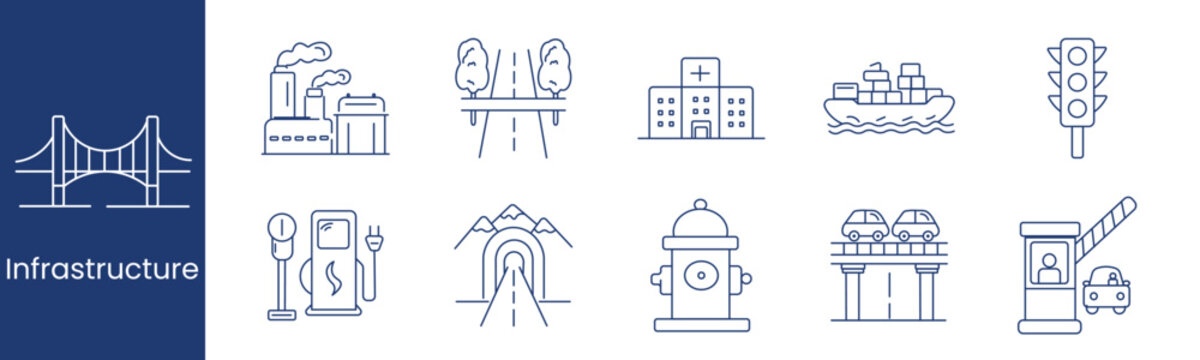 Infrastructure set icon. Collection with factory, roadway, hospital building, cargo ship, traffic light, charging station, tunnel, fire hydrant, overpass, checkpoint barrier.