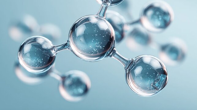Abstract molecular structure with clear spheres and blue background, science concept