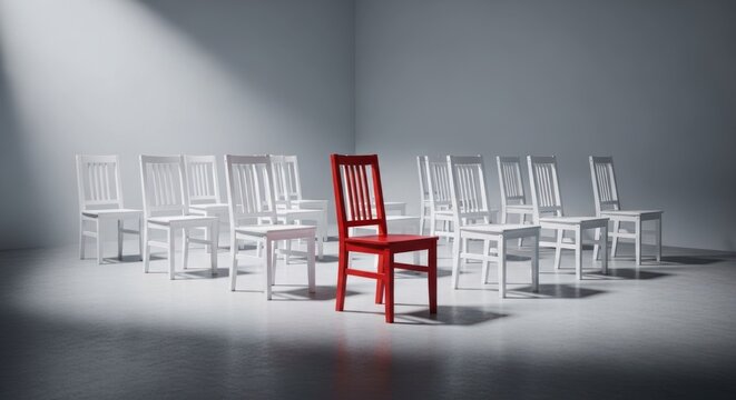Red chair stands out among white chairs in spotlight.