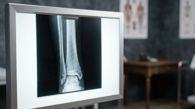 X ray scan medical x ray scan medical ankle joint radiograph on lightbox in clinic room showing tibia and fibula bone fracture diagnostic imaging for orthopedic injury evaluation care