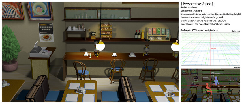 アニメの背景に使えるレトロな喫茶店
【パースガイドについて】
本作品は 3Dソフトを用いて数学的に正確なパースで制作しております。
昨今の生成 AI画像との識別の助けとなり、ご購入者様に安心してお使いいただけるよう、制作過程の証明（エビデンス）としてパースガイドを付属しております。
ガイド部を 3倍に拡大しますと、正規作品と同サイズになります。別レイヤーで重ね合わせてお使いいただくことができます。