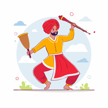 Man in Traditional Punjabi Attire Dancing with Musical Instruments