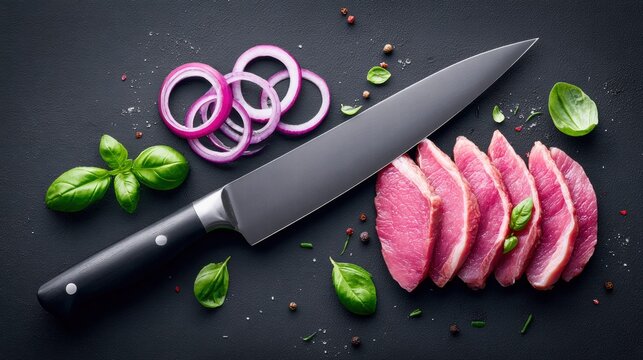 Freshly sliced meat with vegetables and a sharp knife on a dark surface.