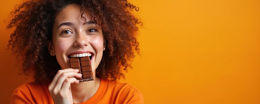 Brunette woman with curly hair eats chocolate bar. She smiles with joy against bright orange studio background. Young person enjoys sweet treat, pleasure shown.