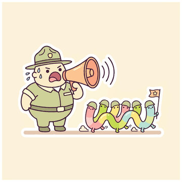 Cute cartoon army drill sergeant yelling at rainbow worm soldiers.