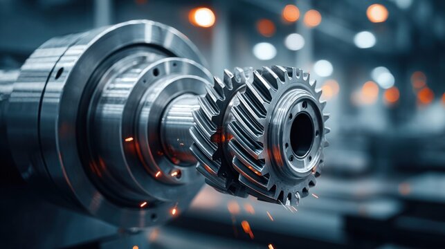 Close-up of industrial gears meshing together with sparks flying in a factory setting