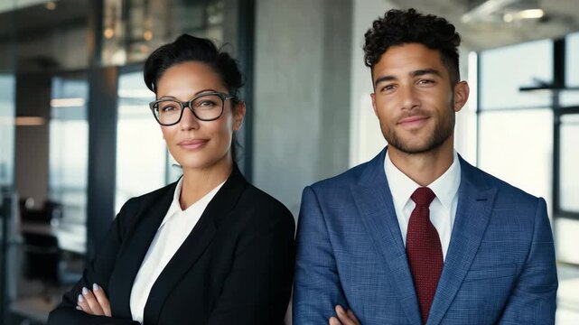 Female hispanic adult and male caucasian adult business professionals in suits and glasses, poised executive duo in contemporary office showing confidence, leadership and corporate teamwork