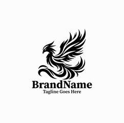 Obraz premium A phoenix bird with flowing wings is illustrated as a mythological emblem logo design monochrome bold