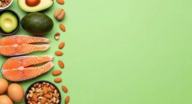 Healthy fats and proteins a vibrant arrangement of salmon avocado nuts and seeds on green