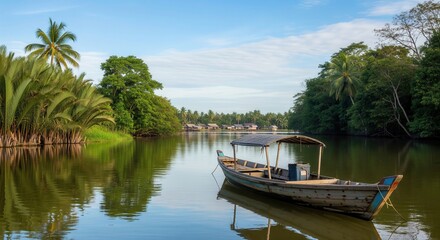Obraz premium Traditional Wooden Boat on Calm Tropical River in Southeast Asia