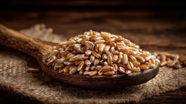 Heap of Nutrient-Rich Whole Grains Including Brown Rice and Farro on a Rustic Wooden Spoon