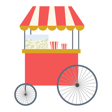 Classic red popcorn stall with a striped roof and large wheels. Flat vector illustration of a carnival food trolley with popcorn boxes isolated on white background.