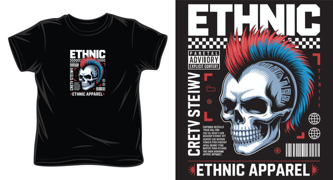 Punk skull with mohawk and ethnic patterns for apparel.