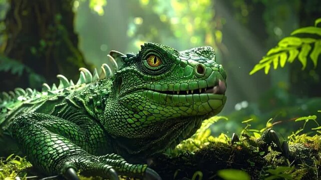 A large green reptile rests in a lush, vibrant and verdant jungle setting