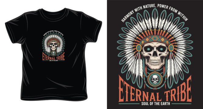 Eternal tribe skull illustration wearing native american headdress for vintage t-shirt design.