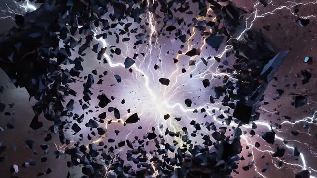 Explosive cosmic event with bright energy burst and debris flying outwards in a dramatic, powerful display