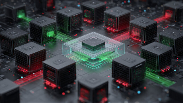 Isometric data center server cluster with black racks around central hub. Green and red glowing energy spheres protect servers. Cinematic light. 3D render for website hero banner, cloud computing.