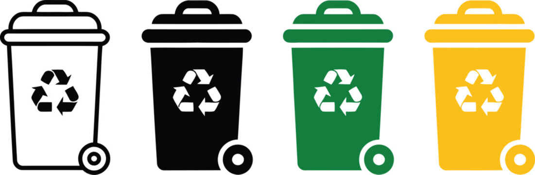Recycle bin with wheel icon set for waste management garbage sorting and environmental sustainability symbol vector illustration