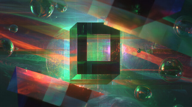 Abstract digital art data center topology. Central frosted hub surrounded by emerald and neon red spheres. Fibonacci spiral light trails against dark void with volumetric lighting. Tech background.